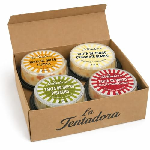 Tarta de Queso La Tentadora | Caja 4 unidades | Sabores Pistacho, Chocolate Blanco, Clásica y Galleta Caramelizada Elaborada a Mano, Una a Una y Envío Refrigerado, Producto Artesanal | 4x250g