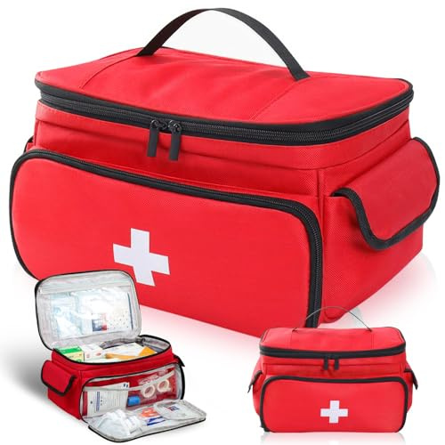 Erste Hilfe Tasche Leer, 600D Oxford Notfalltasche Arzttasche mit Griff Rot | Wasserabweisend,Mehrere Fächer,Reißfest,Medikamenten Organizer Doppelreißverschluss,Für Zuhause, Büro Auto, Reise & Outdoor