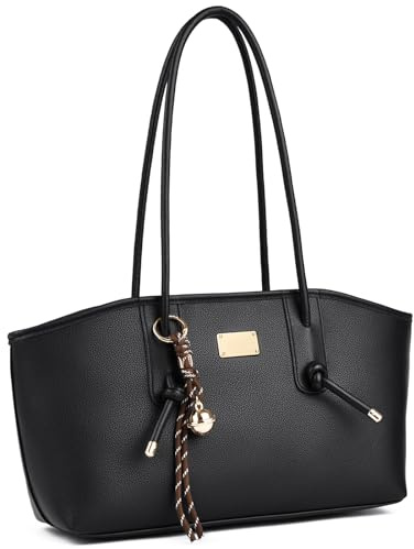 unisoul Handtasche Damen Mittelgroß, Y2K Tote Bag aus PU Leder Elegante Schultertasche mit verstellbarem Gurt und Anhänger, Vintage Umhängetasche für Büro Shopping Reise，Schwarz