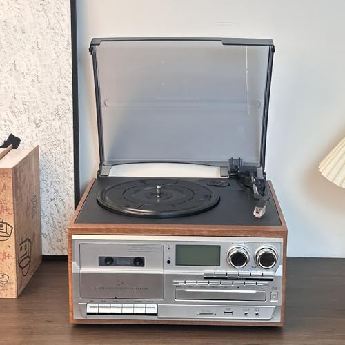 Giradischi Bluetooth 10 in 1 in vinile giradischi, lettore di cassette CD, 33/45/78 giri/min, altoparlanti integrati, pannello di controllo per l'intrattenimento domestico