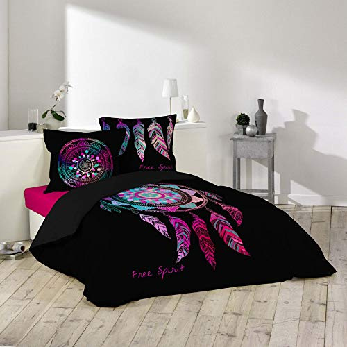 Douceur d'Intérieur, Parure de Lit 3 Pièces (240 x 220 cm) Porte Bonheur Rose, 100% Coton