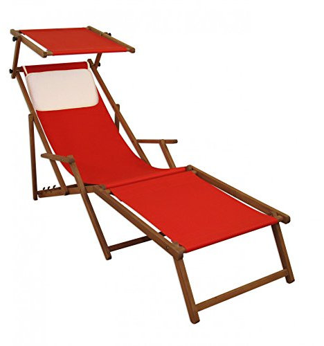 Lungo Sdraio Rosso in Faggio con braccioli poggiapiedi Parasole Cuscino Beige 10-308FSKH