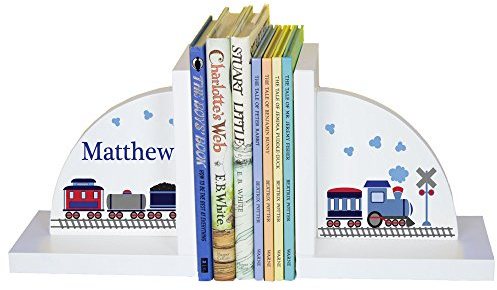 My Bambino Personalized Bookends for Kids | Bookends White Wood Book Ends for Children's Books (Train) | Custom Name Book Ends | Nursery & Kids Room Gift