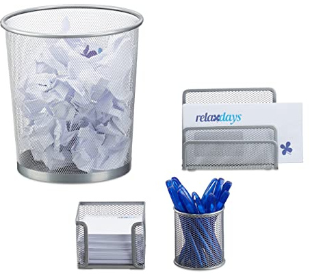 Relaxdays Schreibtisch Organizer 4er Set Metall, silber | Schreibtisch-Set