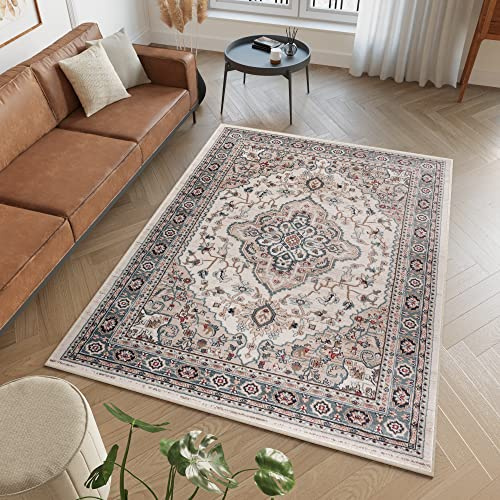 TAPISO Colorado Teppich Kurzflor Creme Grau Medallion Floral 200 x 300 cm | strapzierfähiger Teppich Wohnzimmer Klassisch Orientalisch Ornament Muster Orientteppich OEKO-TEX