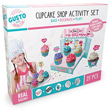 Children's Cupcake Shop Activity Baking Set - 6 Paper Holders, Piping Bag With 8 Nozzles, Display Stand, Non-Stick Tray & More - Perfect Real Baking Sets for Children