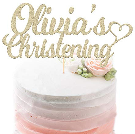 Personalised Christening Cake Topper | Baptism Baby Name, First Communion | Double Sided Glitter Hand Finished in UK (Champagne Gold)