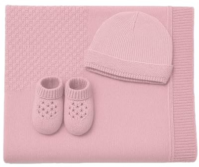 CLASSE77 Copertina in Lana Merino per Neonati con Babbucce e Cappello, Prodotto Artigianale, Made in Italy (Rosa)