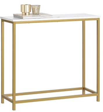 SoBuy Table Console Effet marbre doré 80x30x75cm pour entrée | Table d'appoint bout de canapé, plateau effet marbre, cadre en fer doré, charge 30kg FSB29-G