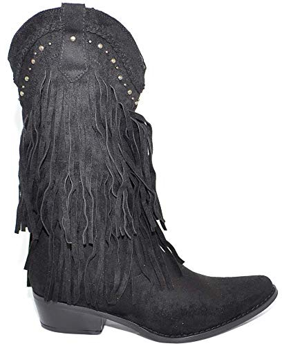 Stivali Donna camperos Texani Neri Scamosciati con Frange Lunghe e Borchie Western Moda al Polpaccio Mexico Cowboy (36 EU)