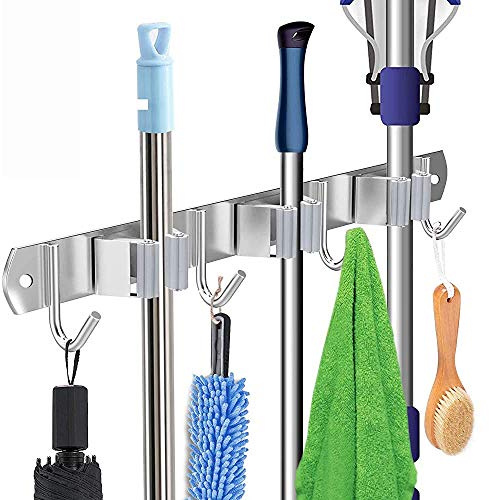 Soporte para fregona de escoba, Organizador de almacenamiento montado Acero Inoxidable Colgador de Fregonas 3 Posiciones y 4 Ganchos Ganchos para Hogar Cocina Garajes