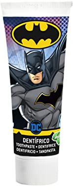 DC Batman Dentifricio alla menta per bambini, arricchito con fluoro e calcio, per la protezione di gengive e cavità, di Lorenay, 75 ml