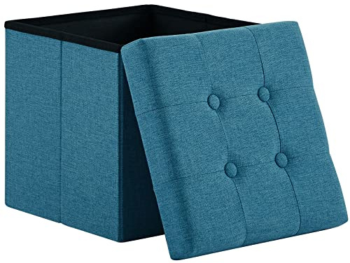 Zedelmaier Sitzhocker mit Stauraum, Fußbank Truhen Aufbewahrungsbox faltbar belastbar bis 300 kg, Leinen, 38 x 38 x 38 cm (Blau)