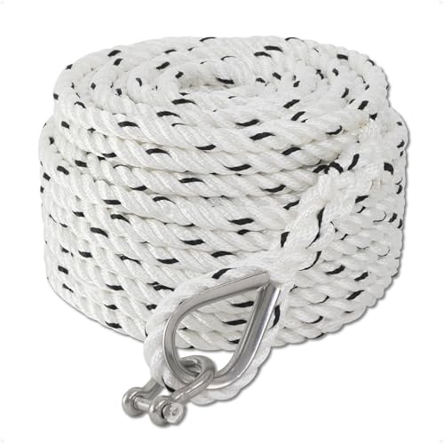 Five Oceans Anchor Line 5/8 x 100', Anchor Rope Line, Marine Premium 3-Strand White Nylon Boat Anchor Rope - Stainless Steel Thimble and Shackle, Ideal for Mooring Anchoring Towing - FO4488-C100