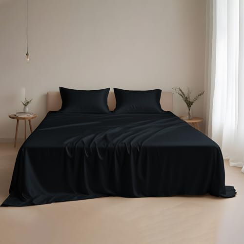 Linenwalas Black Silk Sheets Queen-100% Austrian Eucalyptus Tencel Lyocell 4Pc Sheets Set, Softest & Cooling-Deep Pocket Bottom Bed Sheet, Large Top Sheet & Pillowcases (Black, Queen)