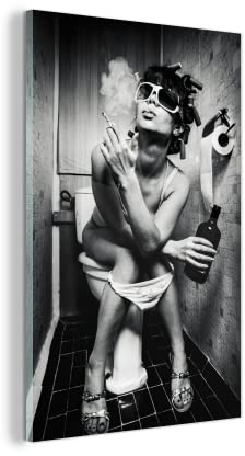 MuchoWow Glasbild Glasfoto Wandbild Bilder Deko 40x60 cm Frau - Vintage - Lockenwickler - Toilette - Zigarette