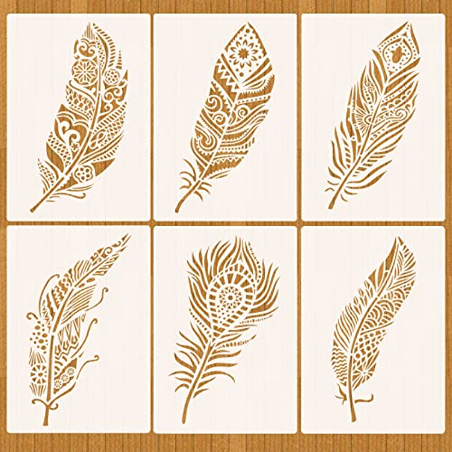 MWOOT 6 Stücke Mandala-Feder Schablone, Wiederverwendbare DIY Schablonen Vintage, Mandala Feather Painting Stencils für Scrapbooking, Boden, Wand, Stoff, Schablonen für Kinder (26x17.8cm)