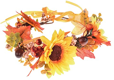 Merroyal Grüne Blumenkrone, Eukalyptus-Krone, Blatt, Blumenkrone, Boho-Hochzeit (weiß und grün) (Sonnenblume und orangefarbenes Blatt)