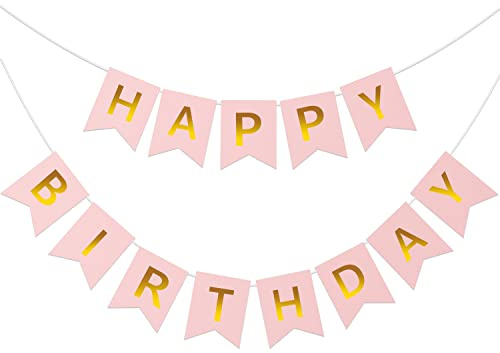 CHEERYMAGIC Pink Happy Birthday Banner, Gold Letters, Swallowtail Flag, Party Decorations, Girls