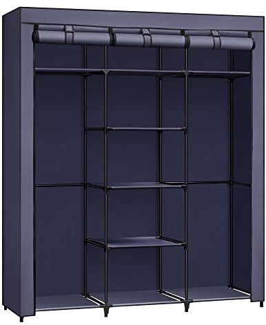 SONGMICS Armario de Tela, Armario Portátil con Barra Colgante, Perchero Plegable, para Vestuario, Dormitorio, Cuarto de Estudio, 45 x 150 x 175 cm, Azul Oscuro RYG012I02