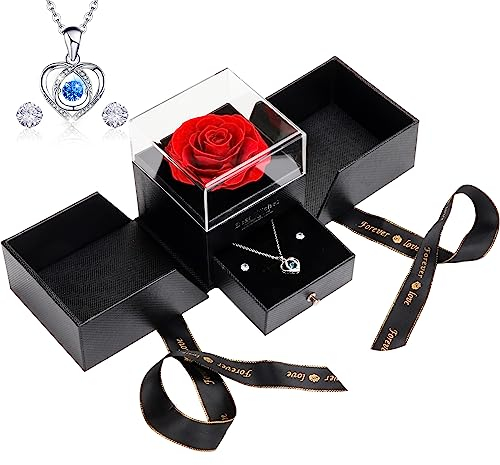 UUEMB Ewige Rose, Konservierte Rosen mit Herz Halskette und Ohrringe, Handgefertigte Schmuck Geschenkbox Valentinstag Muttertag Jahrestag Geburtstag Geschenke für Mutter Ehefrau Schwester