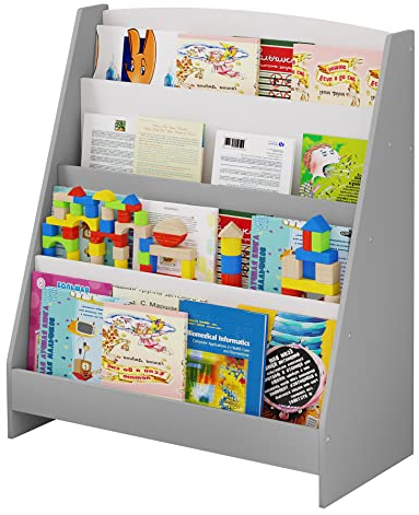Lestarain Kinderregal mit 4 offenen Fächern, Bücherregal Aufbewahrungsregal für Kinder, Standregal, Kinderzimmerregal aus MDF, mit Kippsicherung, Weiß + Grau