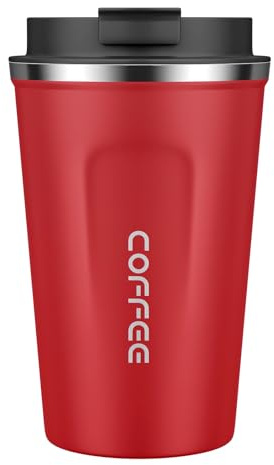 MOMSIV Coffee Cup, 380ml Stainless Steel Coffee Mug with Leak-Proof Lid, Insulated Vacuum Leakproof Travel Mug, Double-Walled Insulated Car Mug for Coffee, Tea Water (Red)