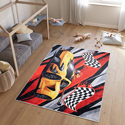 TAPISO Emma Kinderteppich Rot Gelb Rennauto Antirutsch 80 x 150 cm | Waschbar bei 30 Grad bedruckter Kinderteppich Kinderzimmer Jugendzimmer Modern OEKO-TEX