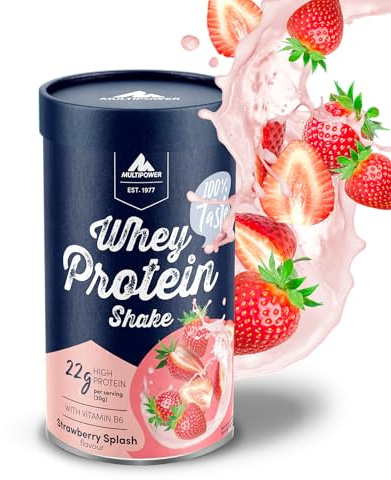 Multipower Whey Protein Shake – wasserlösliches Proteinpulver mit Erdbeer Geschmack aus Wheykonzentrat und -Isolat – 21 g Protein und Vitamin B6 in nachhaltiger Pappwickeldose – 420 g
