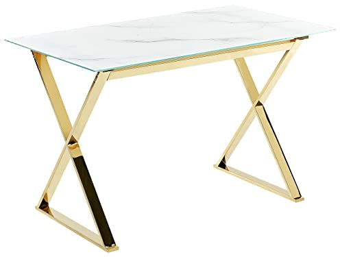 Beliani Mesa de Comedor de Vidrio Templado Blanco Dorado 120 x 70 cm Patas Metal Attica