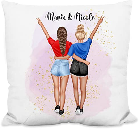 Kissen für Beste Freundin „Freundinnen im Sommerlook“ – 40x40cm, inkl. Kissen-Füllung - personalisiert mit Namen & Aussehen - BFF Best Friends – Geschenk Geburtstag (Flauschig)