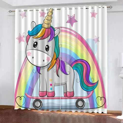 GIOVIA 3D Einhorn Vorhänge Abdunkelnde Regenbogen Einhorn Kindervorhänge Vorhang mit ösen 2er Set Gardinen Blickdicht Verdunkelungs für Kinderzimmer Schlafzimmer Wohnzimmer B 150 X H 166 cm