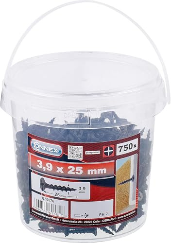 Connex Schnellbauschrauben 3,9 x 25 mm - 750 Stück - Mit Grobgewinde - Trompetenkopf - PH Phillips-Antrieb - Schwarz phosphatiert/Trockenbauschrauben/Schrauben-Eimer / B30076 (Packung mit 2)