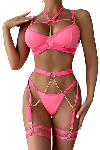 Mingnos Strapsen Dessous-Sets für Damen Sexy Unterwäsche Outfit Kropfband Bügel BH und Slip mit Strumpfband Reizwäsche 6 Teilig Rosa, XL