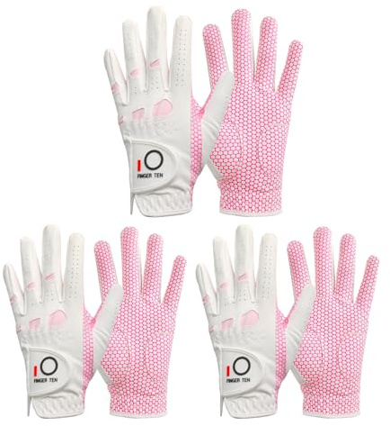 FINGER TEN Golf Gloves Women's Ladies Left Hand or Right Handed Grip Weathersof Value 3 Pack, Fit Size Medium Small Large Pro Design (White&Pink-3 Pack, Small-Worn on Left Hand)