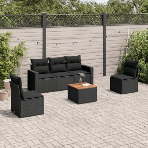 ULUYYUC 6-TLG. Garten-Sofagarnitur, Eckbankgruppe Gartenbank Schlafsessel Mit Bettfunktion Fußhocker Geeignet für Garten Balkon Außenbereich Hinterhof mit Kissen Schwarz Poly Rattan