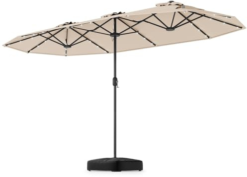 GYMAX Ombrellone Doppio da Giardino con Base 4x2 M, 32 Luci LED Solare, Copertura Doppia Grande, Tessuto in Poliestere per Giardino, Piscina Cortile Terrazzo