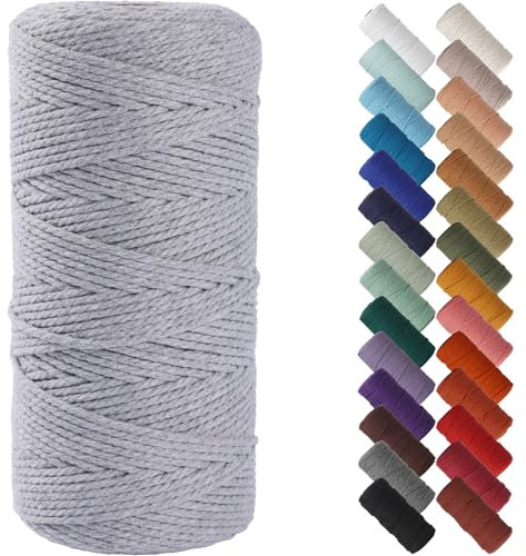 NOANTA Hellgraue Makramee-Schnur, 2 mm x 220 m, Baumwollseil, Garn, bunte Bastelschnur zum Aufhängen, Pflanzenaufhänger, Basteln, Stricken