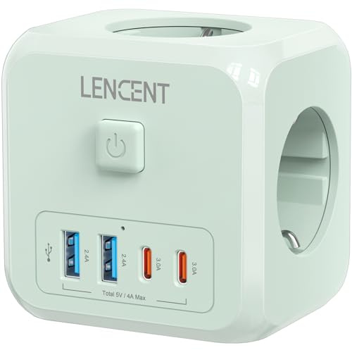 LENCENT Cubo Enchufe USB 7 en 1, Ladron Enchufes 4000W, Cubo Enchufes | Múltiples Pared con 3 Tomas de CA, 2 USB-A, 2 Tipo-C y Interruptor, Cargador para Oficina, Cocina y Habitación, Verde