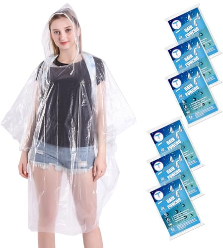 TUNCHMO Disposable Rain Poncho for Adults 6 Pack -50% Thicker Emergency Rain Ponchos for Women and Men with Drawstring Hood