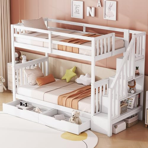 KUAKE Letto a castello 90 x 200 cm, telaio per scale con due cassetti, griglia alta, lettino, letto per bambini, certificato EN 747-1, bianco ﻿ (90 x 200 cm)