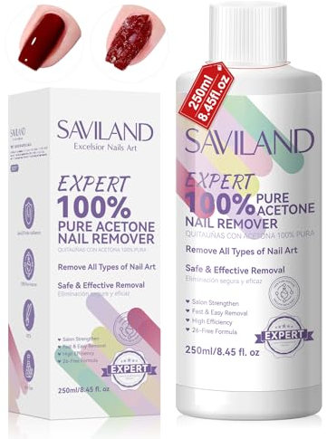 SAVILAND Pure Acetone Gel Polish Remover: 250ml Effective Acetone Nail Polish Remover Safe & Gentle Gel Remover for Acrylic, Nail Glue for All Nail Art Enthusiasts Home Travel Use
