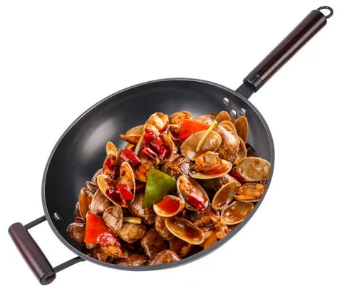 KELUNIS Wok Olla Plana, Wok Antiadherente Wok Chino Sin Recubrimiento Wok De Fondo Redondo para Horno Eléctrico, Horno Electromagnético Y Horno De Gas