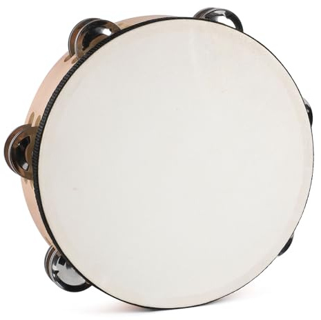 LIEKE Goatskin Tambourine 8 Inch Hand Held Drum with 6 Pairs Double Row Metal Jingles for Adult kids Church Music Classroom Dance Party Game Props (8 inch)