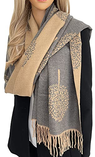 Cashmere Tree Life Blanket Scarf - Reversible Pashmina Shawl, Winter Wraps, Large Women's Scarf, Warm Tree of Life Print Ladies Wraps - Beige Grey