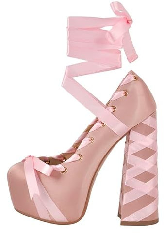 Meinabsatz Damen Schnürpumps Plateau Blockabsatz High Heels Lolita Pumps Skyheels Satin Riemchen Halbschuhe Rosa 38 EU