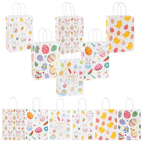 12 Stück Ostern Papiertüten, 22 x 15 x 8cm Ostereiersuche-Taschen mit Griffen, Ostertüten zum Befüllen, Geschenktüten Ostern für Geschenke und Ostereier Verpackung