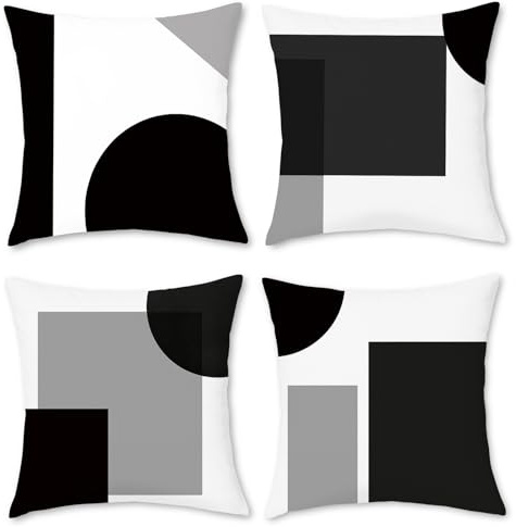 BREASOME Kissenbezug 45x45 cm 4er Set Kissenbezüge Geometrisches Patchwork Design Schwarz Weiß Grau Kissenhülle Dekorative Sofakissen Dekokissen Zierkissenbezug für Sofa Couch Wohnzimmer Schlafzimmer