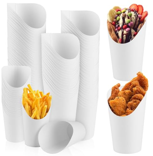 YAYODS 100 Stück Pommesbecher Weiß - 12 oz / 360 ml Pappbecher mit Schrägöffnung - 11,5 cm Snackbecher aus beschichtetem Kraftpapier für Pommes, Eis, Bubble Waffeln, Popcorn und Fingerfood