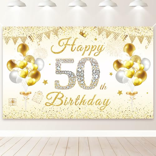 PartyYaa Bannière décorative pour 50e anniversaire, bannière « Happy 50th Birthday », extra large pour fête photo, affiche décorative pour homme et femme